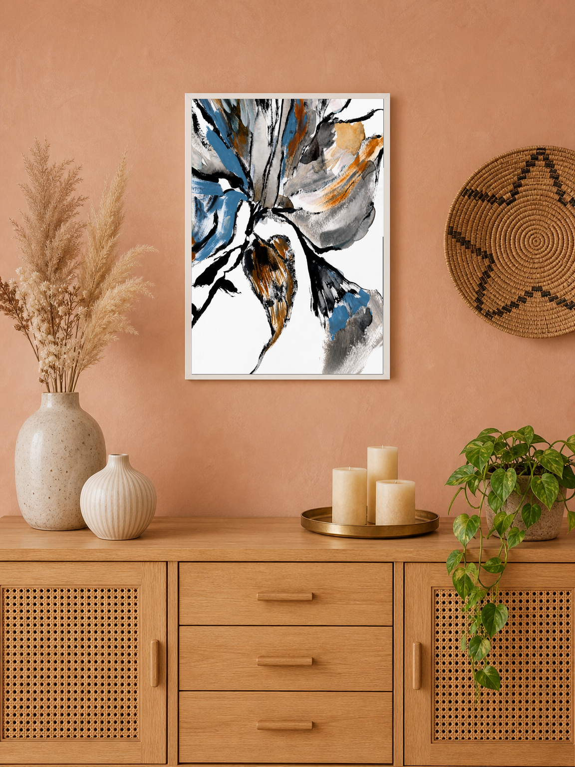 Abstract Floral Brushstroke Wall Art Print - white framed