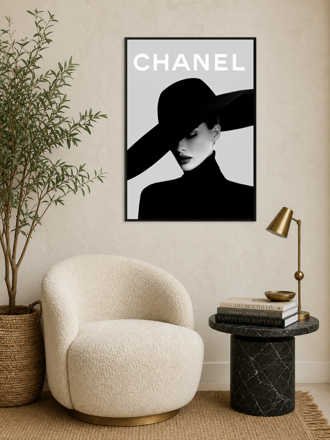 Chanel Inspired Black & White Fashion Wall Art Print - black framed