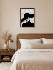 Chanel Inspired Black & White Fashion Wall Art Print - dark wood framed