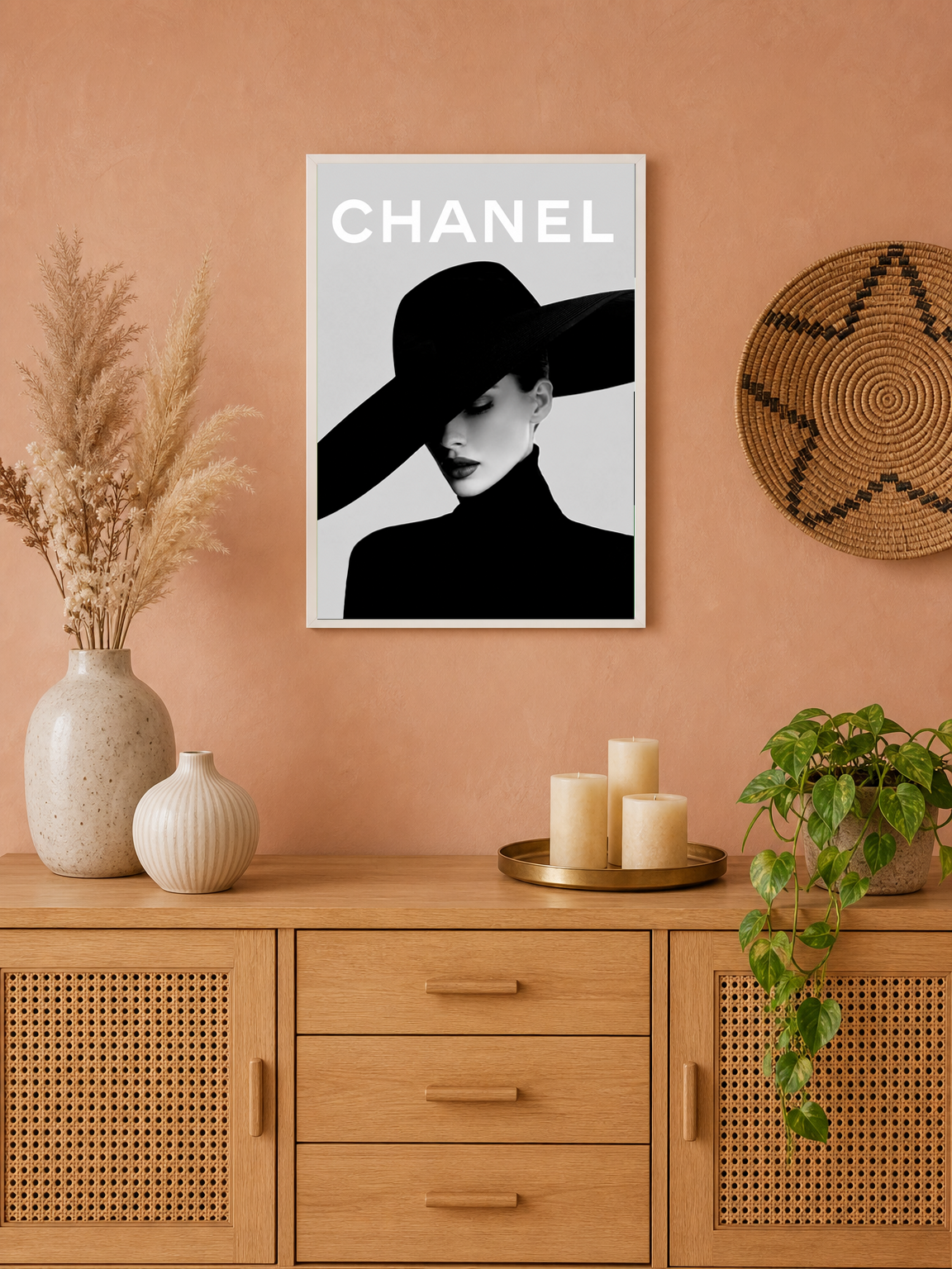 Chanel Inspired Black & White Fashion Wall Art Print - white framed