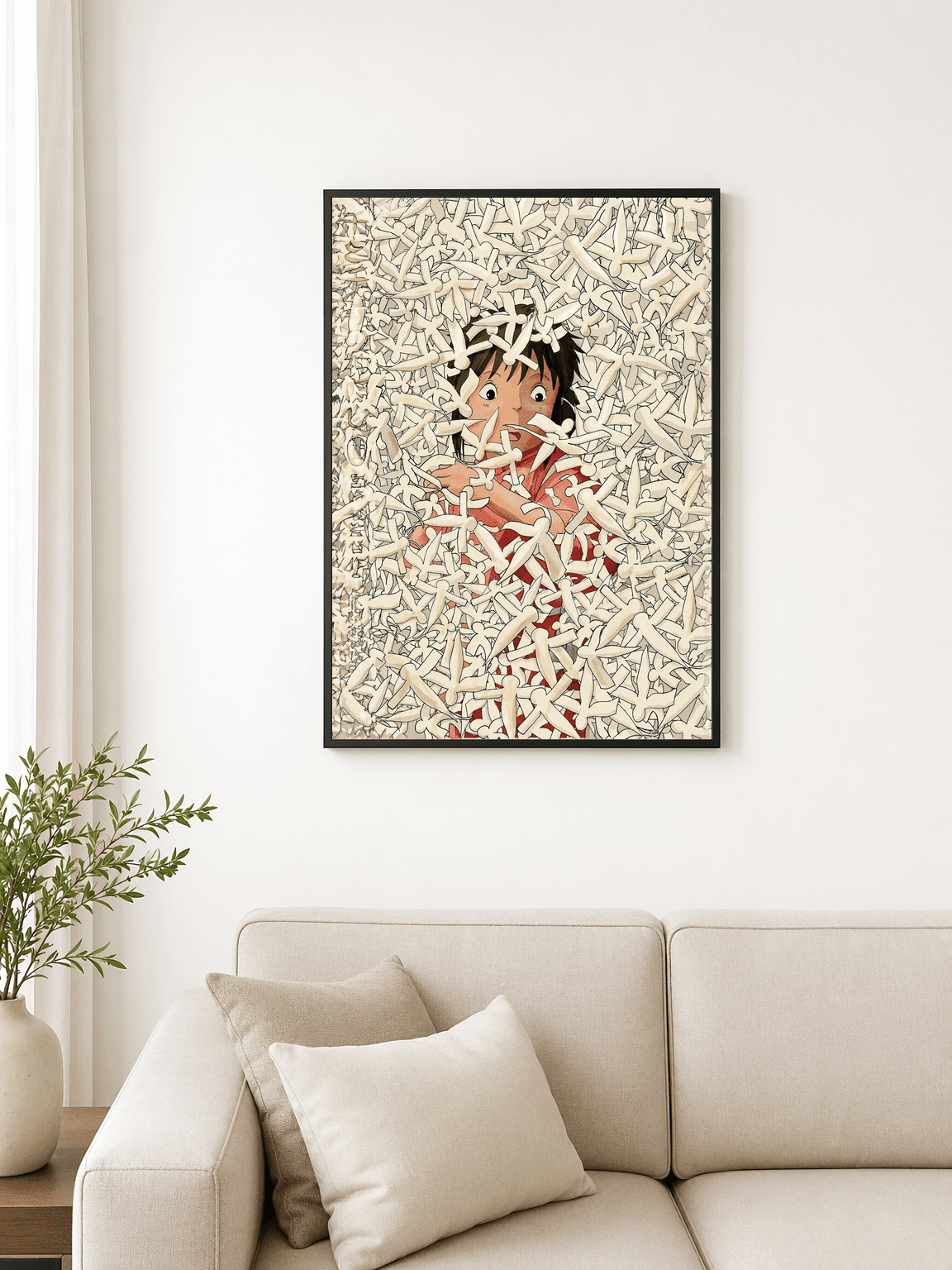 Anime Girl in Surreal Bones Wall Art Print - black framed