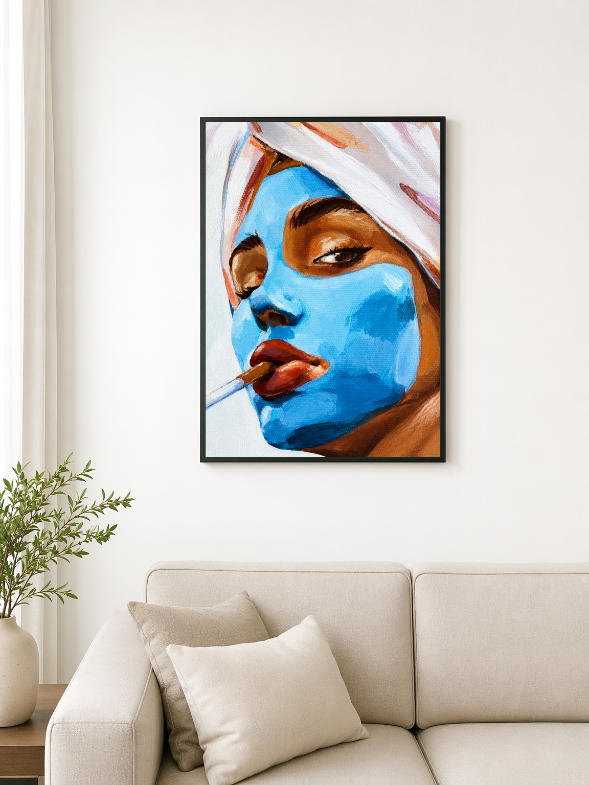 Blue Facial Mask Portrait Wall Art Print - black framed