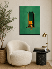 Minimalist Woman Reading Window Wall Art Print - black framed