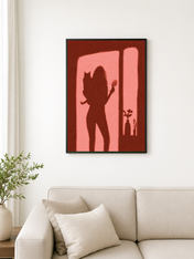 Silhouette Woman & Cat Shadow Wall Art Print - black framed