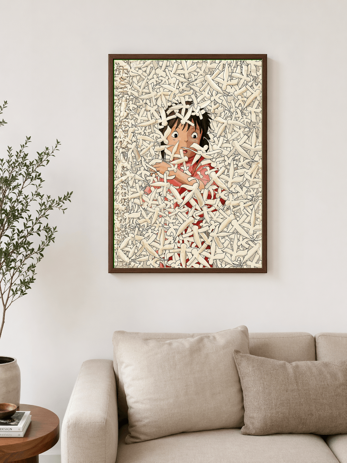 Anime Girl in Surreal Bones Wall Art Print - dark wood framed