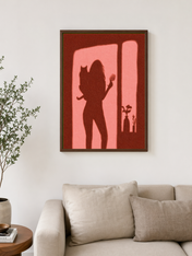 Silhouette Woman & Cat Shadow Wall Art Print - dark wood framed