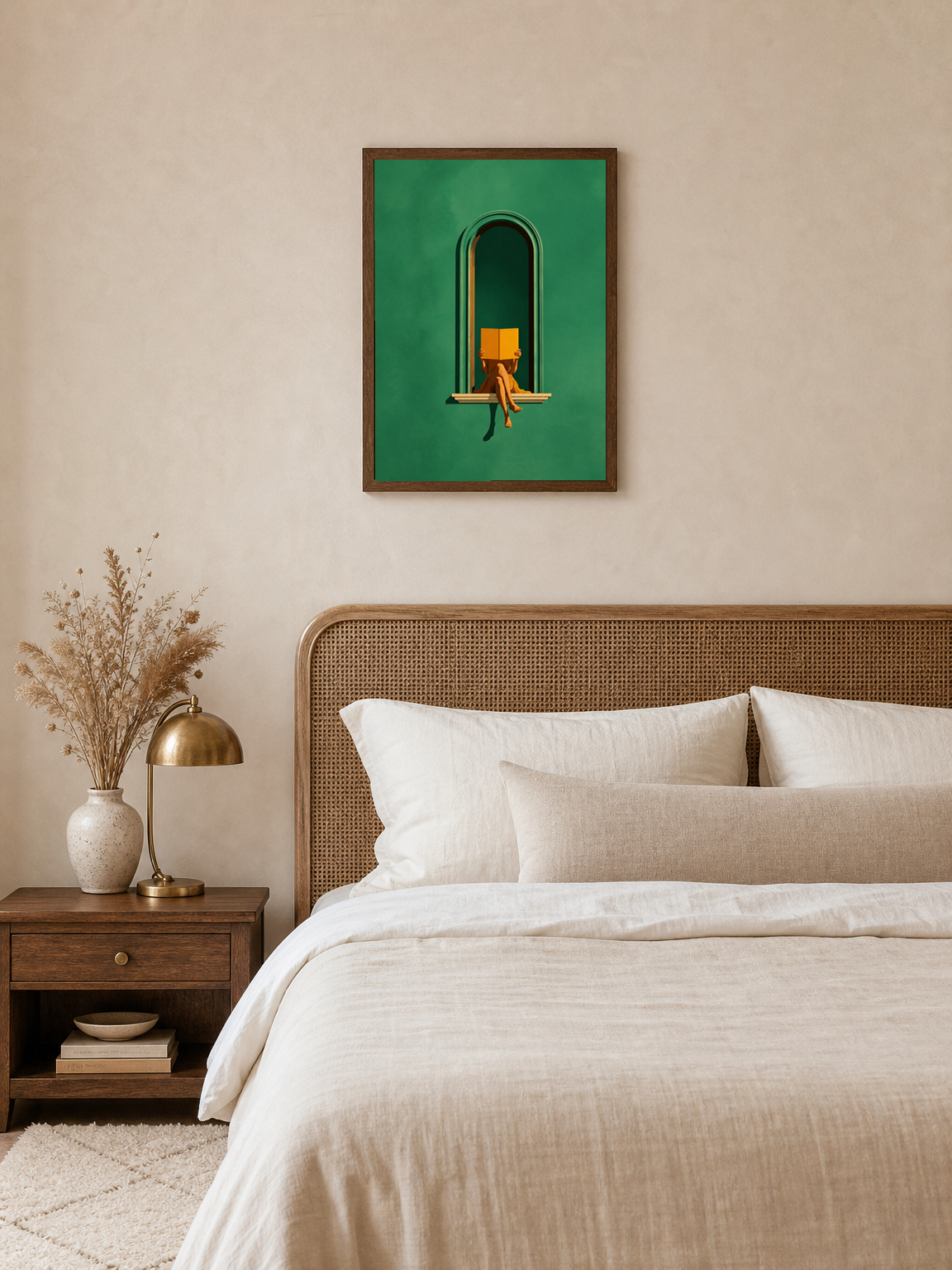 Minimalist Woman Reading Window Wall Art Print - dark wood framed