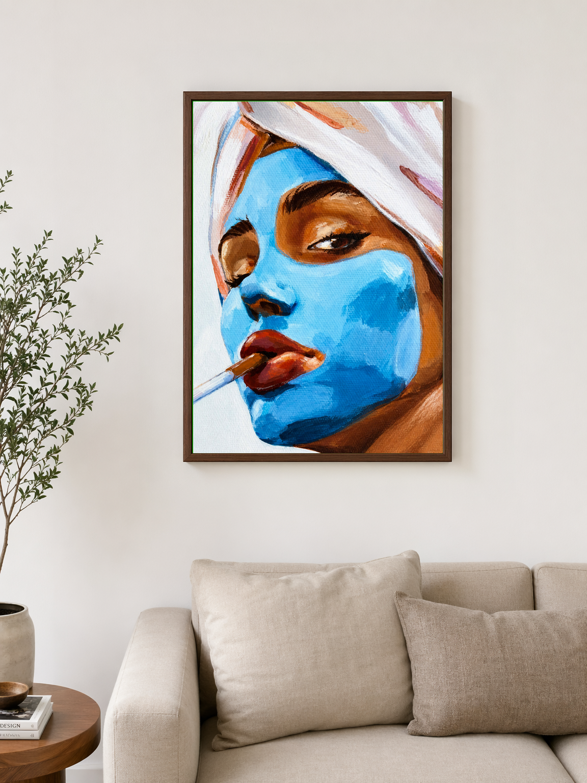 Blue Facial Mask Portrait Wall Art Print - dark wood framed