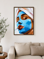 Blue Facial Mask Portrait Wall Art Print - dark wood framed
