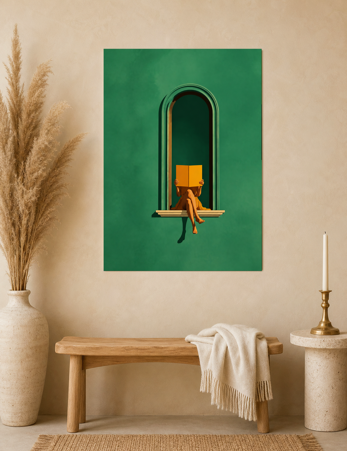 Minimalist Woman Reading Window Wall Art Print - unframed mockup