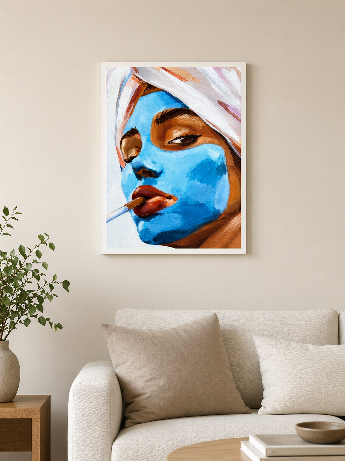 Blue Facial Mask Portrait Wall Art Print - white framed