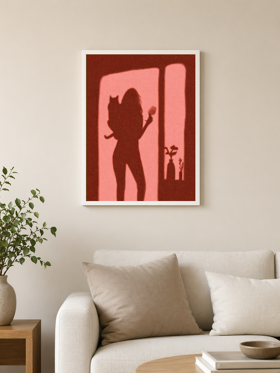 Silhouette Woman & Cat Shadow Wall Art Print - white framed