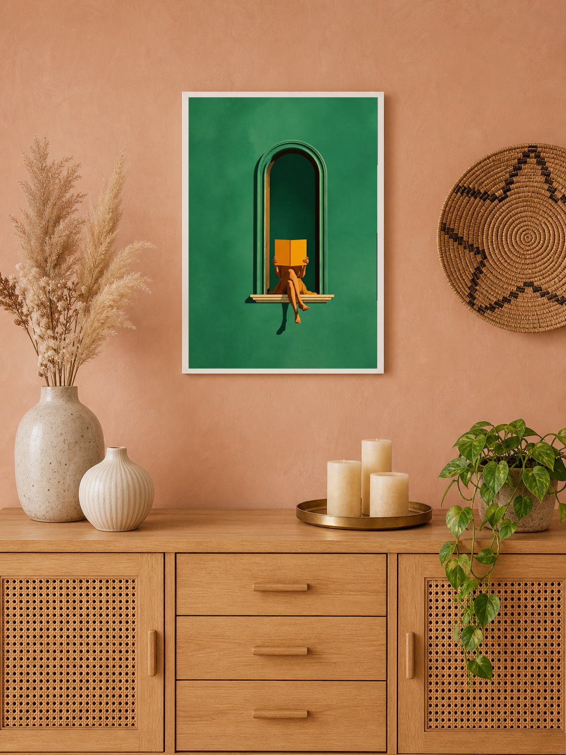 Minimalist Woman Reading Window Wall Art Print - white framed