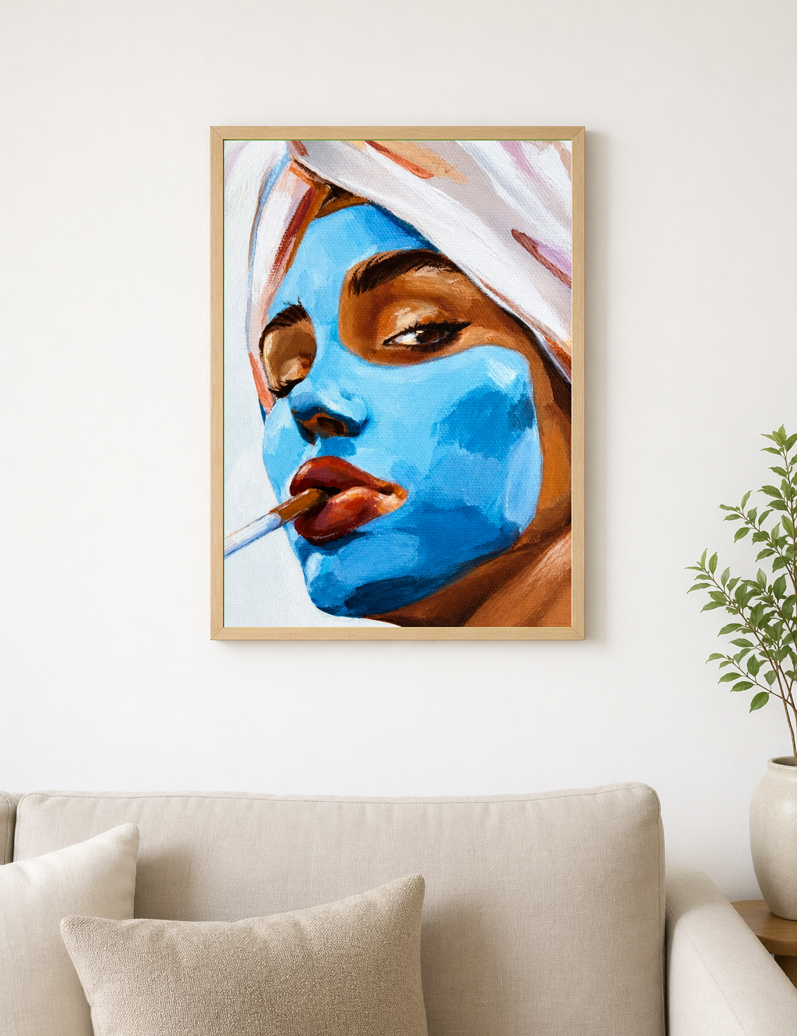 Blue Facial Mask Portrait Wall Art Print - wood framed poster