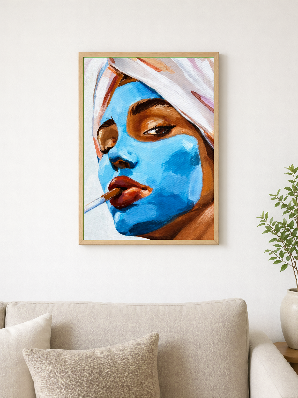 Blue Facial Mask Portrait Wall Art Print - wood framed poster