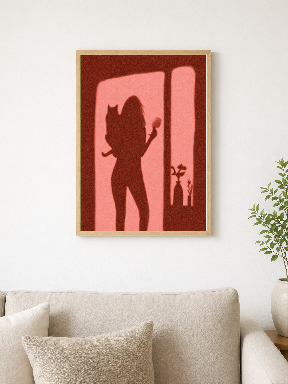 Silhouette Woman & Cat Shadow Wall Art Print - wood framed poster