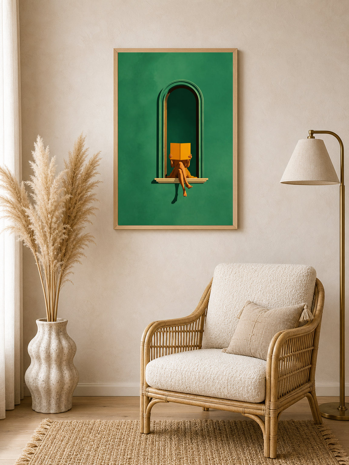 Minimalist Woman Reading Window Wall Art Print - wood framed poster
