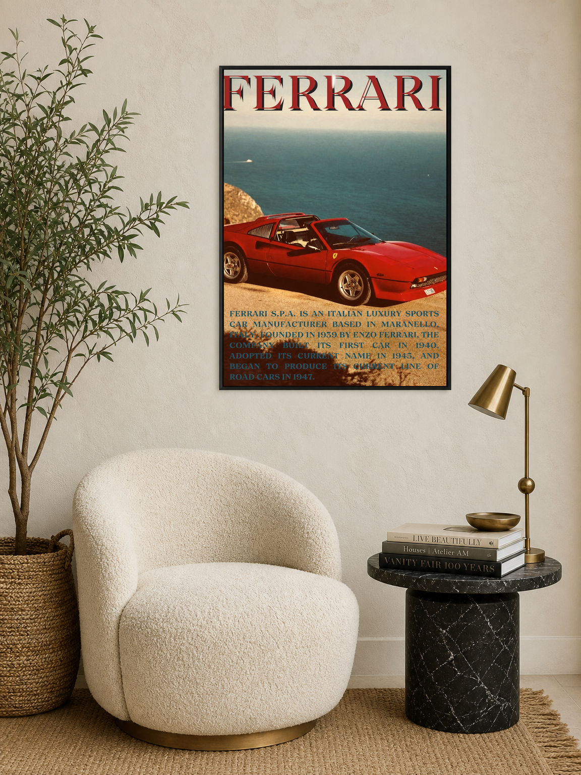Vintage Ferrari Coastal Drive Wall Art Print - black framed