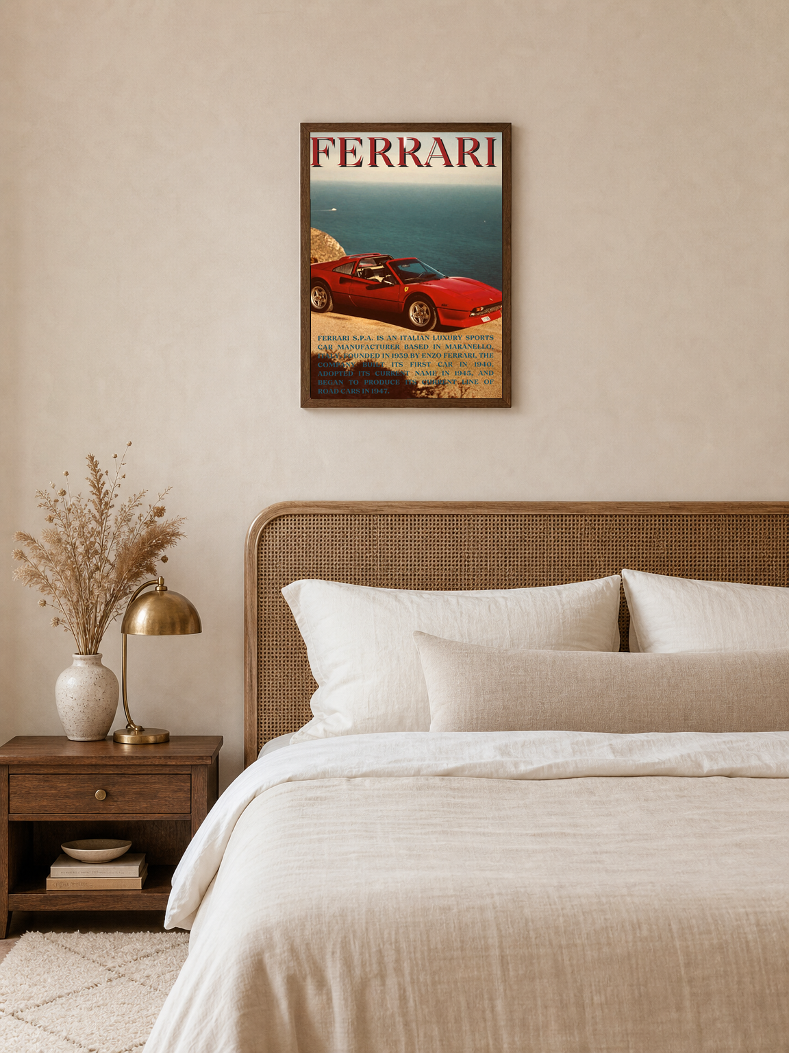 Vintage Ferrari Coastal Drive Wall Art Print - dark wood framed