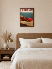Vintage Ferrari Coastal Drive Wall Art Print - dark wood framed