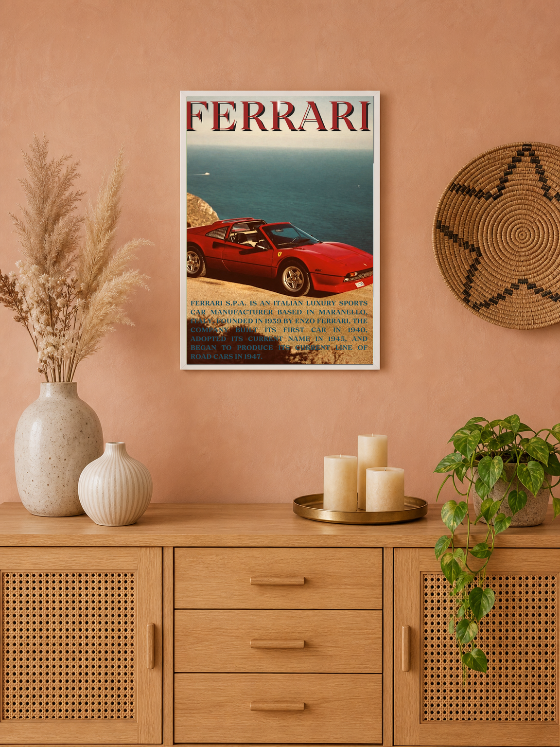 Vintage Ferrari Coastal Drive Wall Art Print - white framed