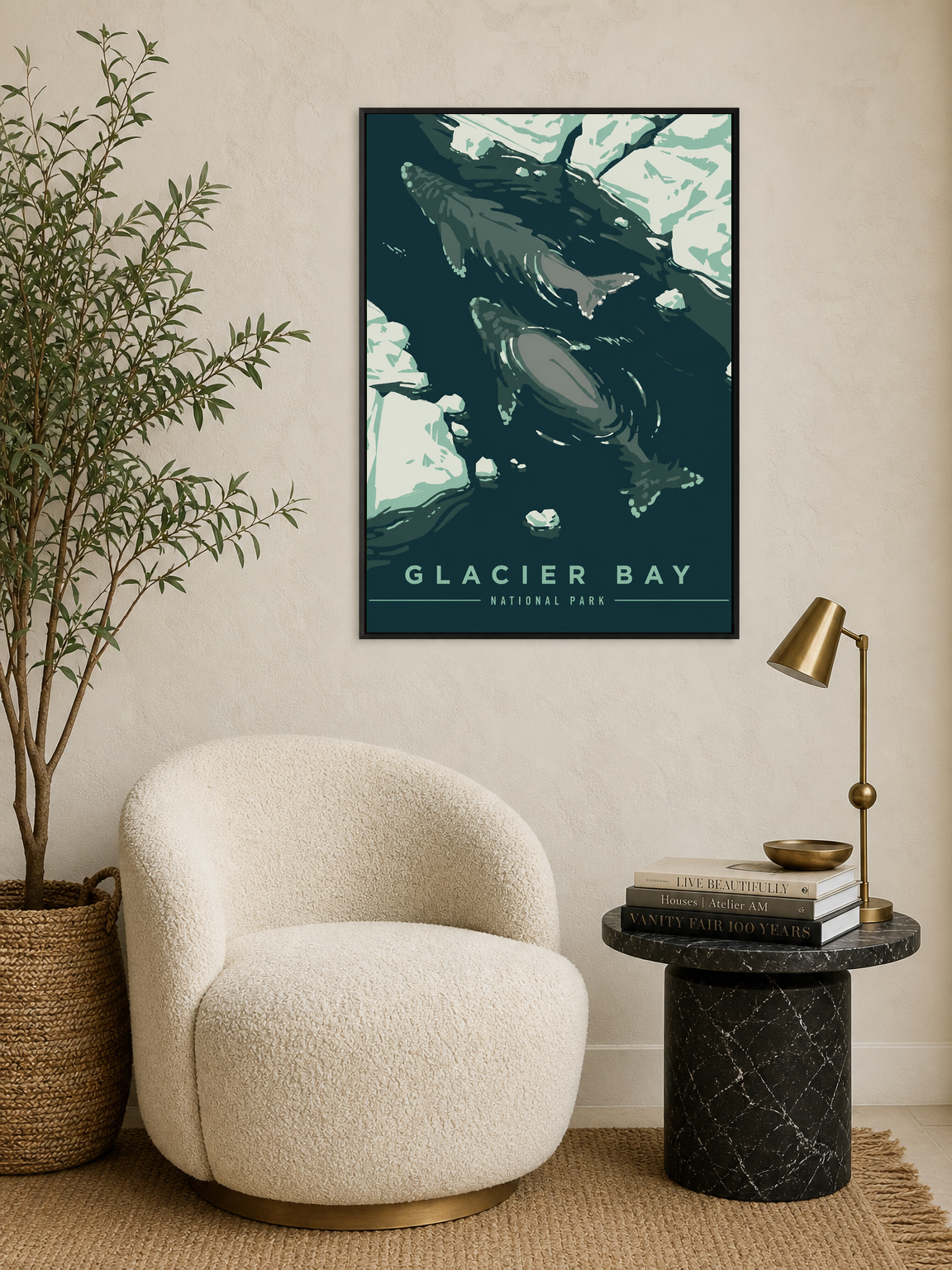Glacier Bay Whale Glacier Wall Art Print - black framed
