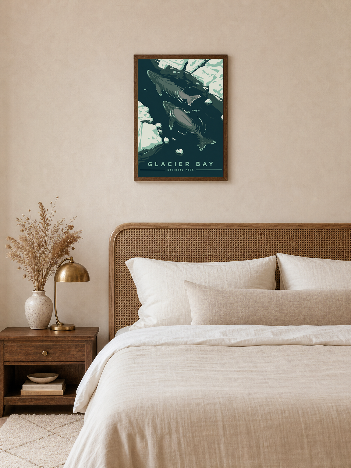 Glacier Bay Whale Glacier Wall Art Print - dark wood framed
