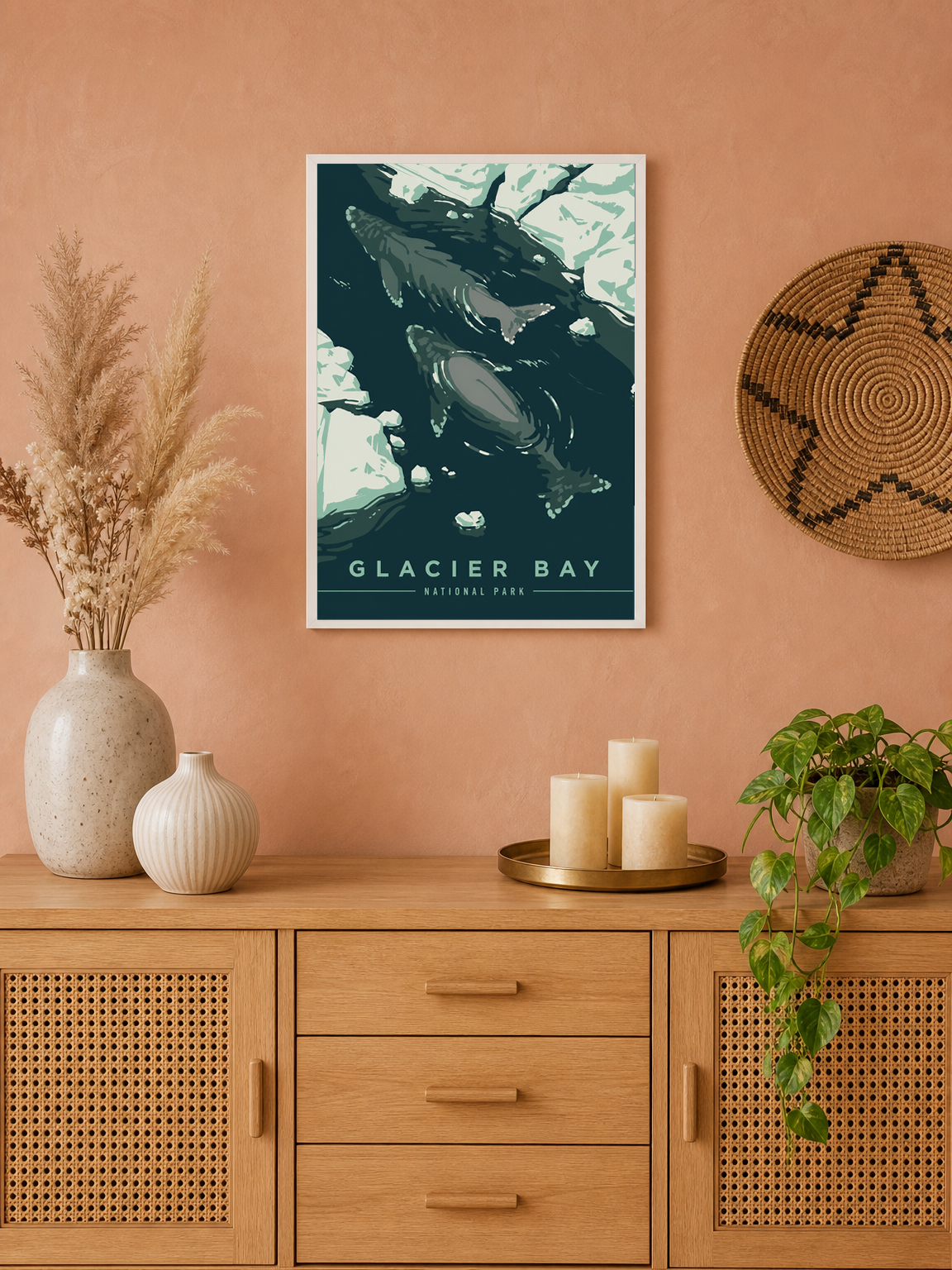 Glacier Bay Whale Glacier Wall Art Print - white framed