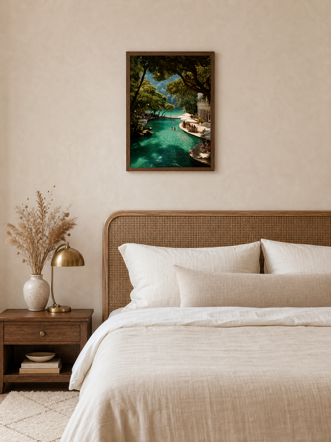 Tropical Lagoon Resort Wall Art Print - dark wood framed
