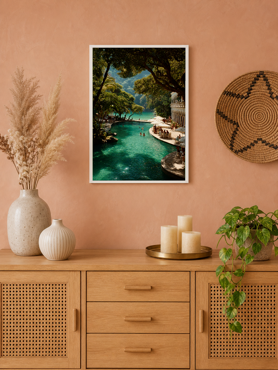 Tropical Lagoon Resort Wall Art Print - white framed