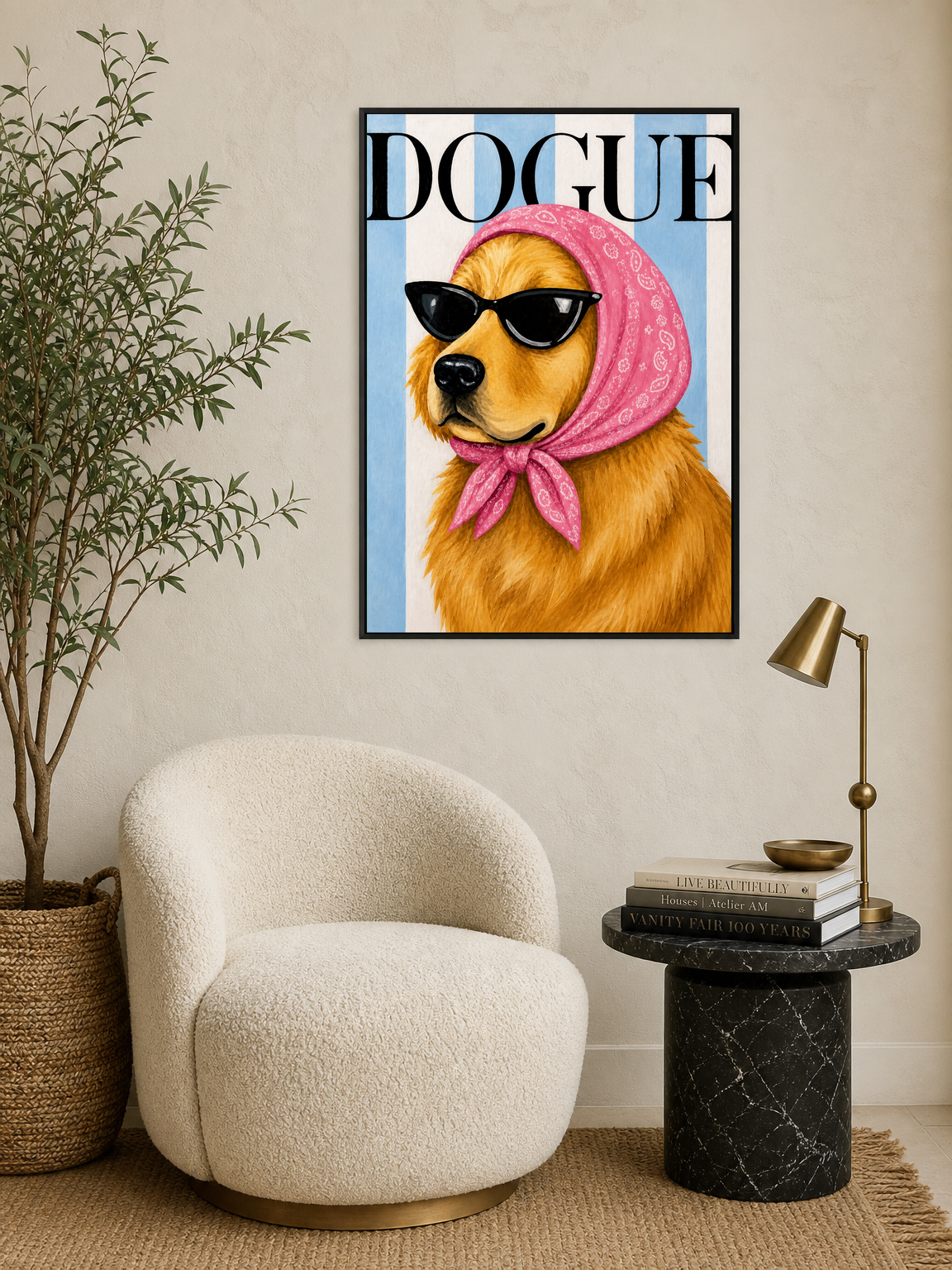 Dogue Fashion Golden Retriever Wall Art Print - black framed