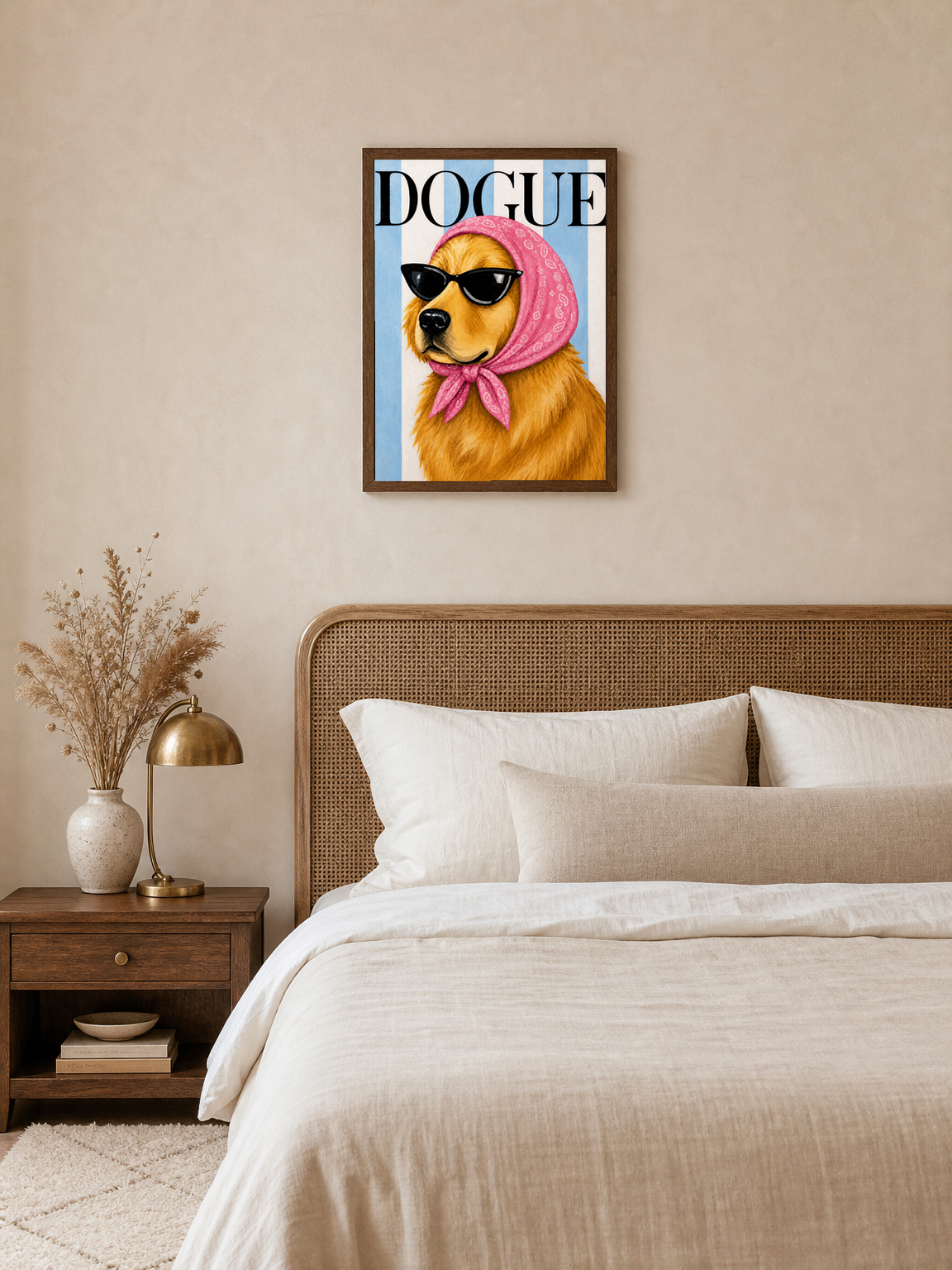 Dogue Fashion Golden Retriever Wall Art Print - dark wood framed