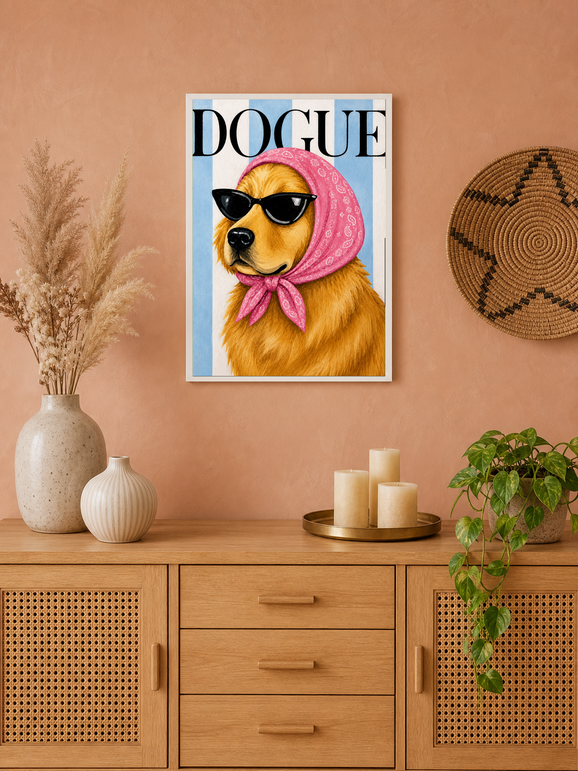 Dogue Fashion Golden Retriever Wall Art Print - white framed