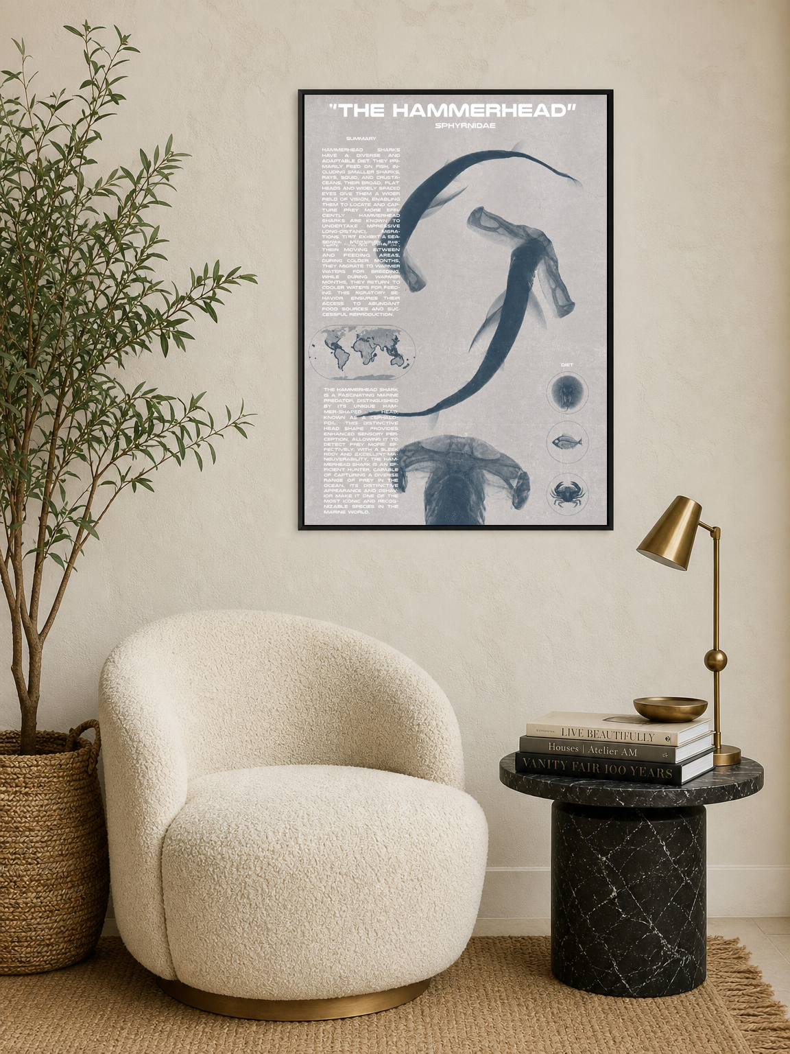 The Hammerhead Shark Educational Wall Art Print - black framed