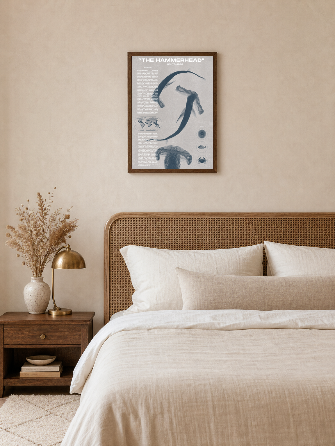 The Hammerhead Shark Educational Wall Art Print - dark wood framed