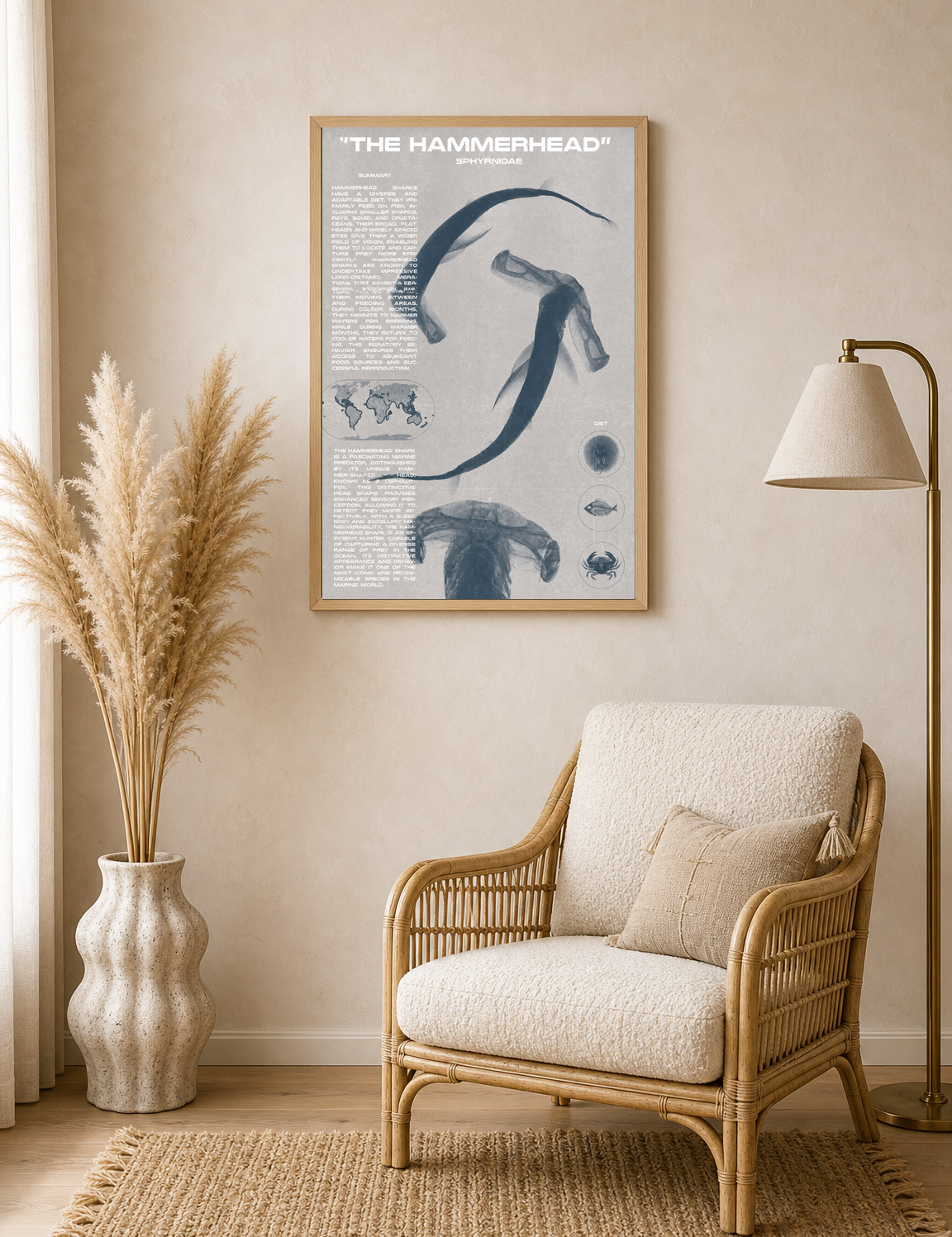 The Hammerhead Shark Educational Wall Art Print - wood framed poster