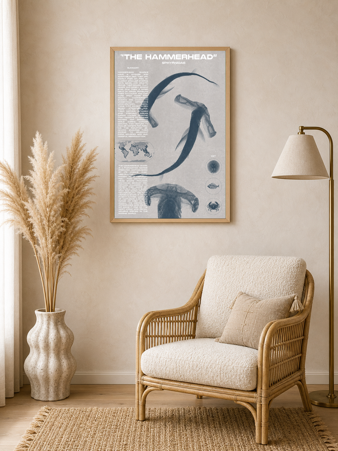 The Hammerhead Shark Educational Wall Art Print - wood framed poster