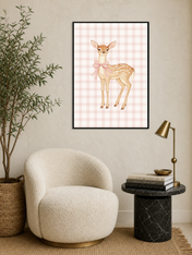 Pink Gingham Baby Deer Wall Art Print - black framed