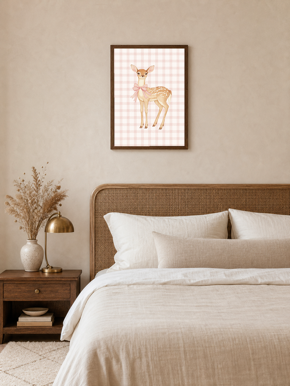 Pink Gingham Baby Deer Wall Art Print - dark wood framed