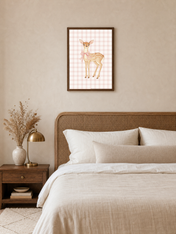 Pink Gingham Baby Deer Wall Art Print - dark wood framed