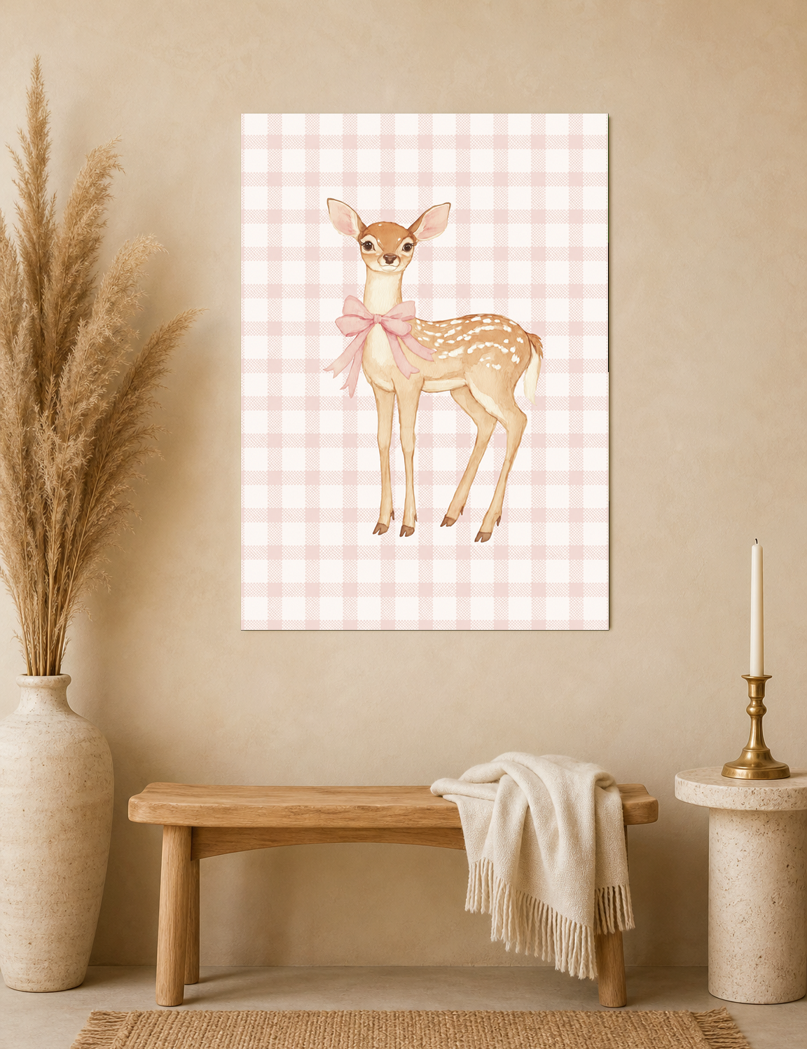 Pink Gingham Baby Deer Wall Art Print - unframed mockup