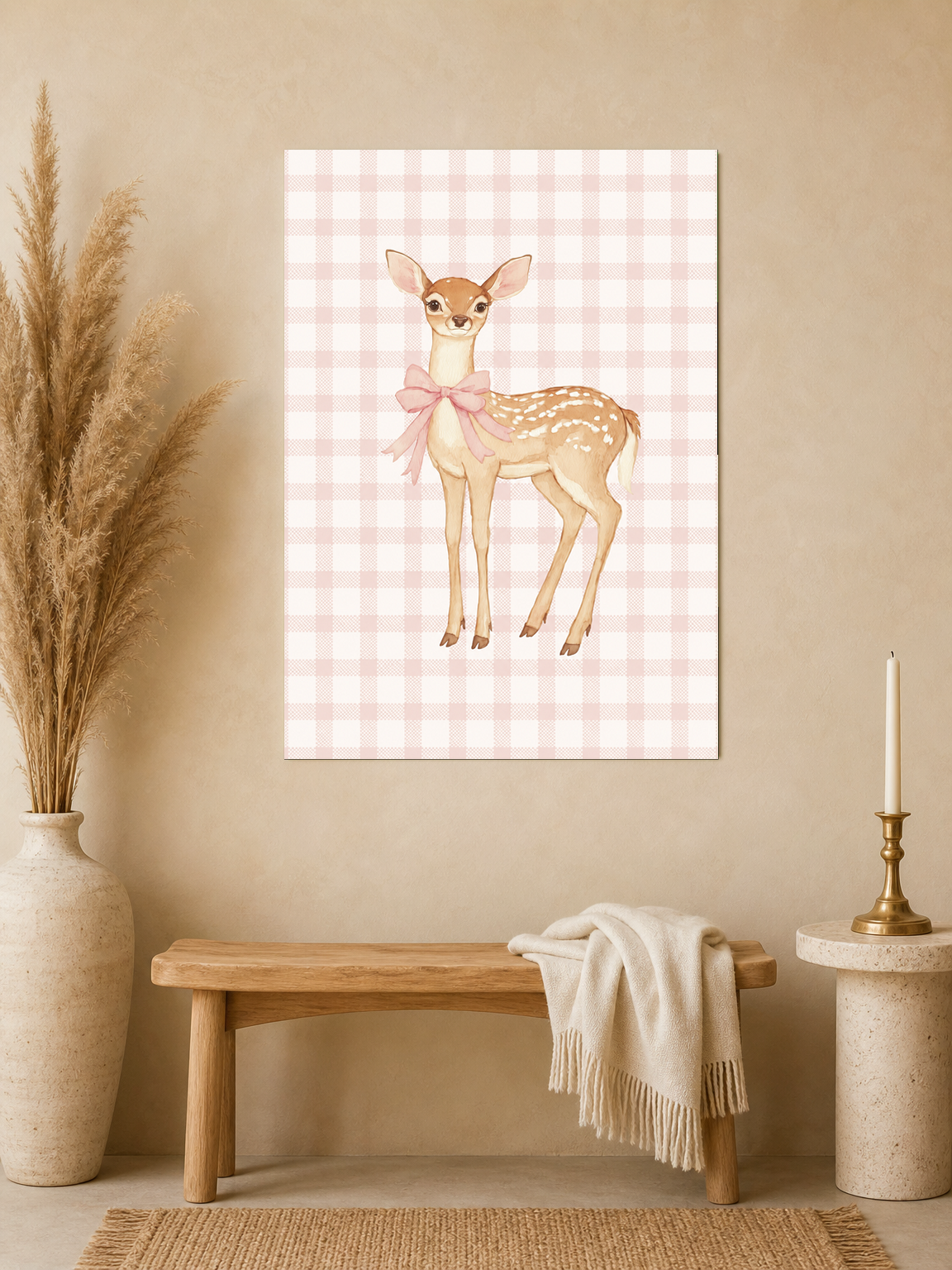 Pink Gingham Baby Deer Wall Art Print - unframed mockup