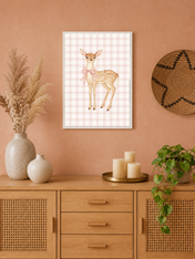 Pink Gingham Baby Deer Wall Art Print - white framed