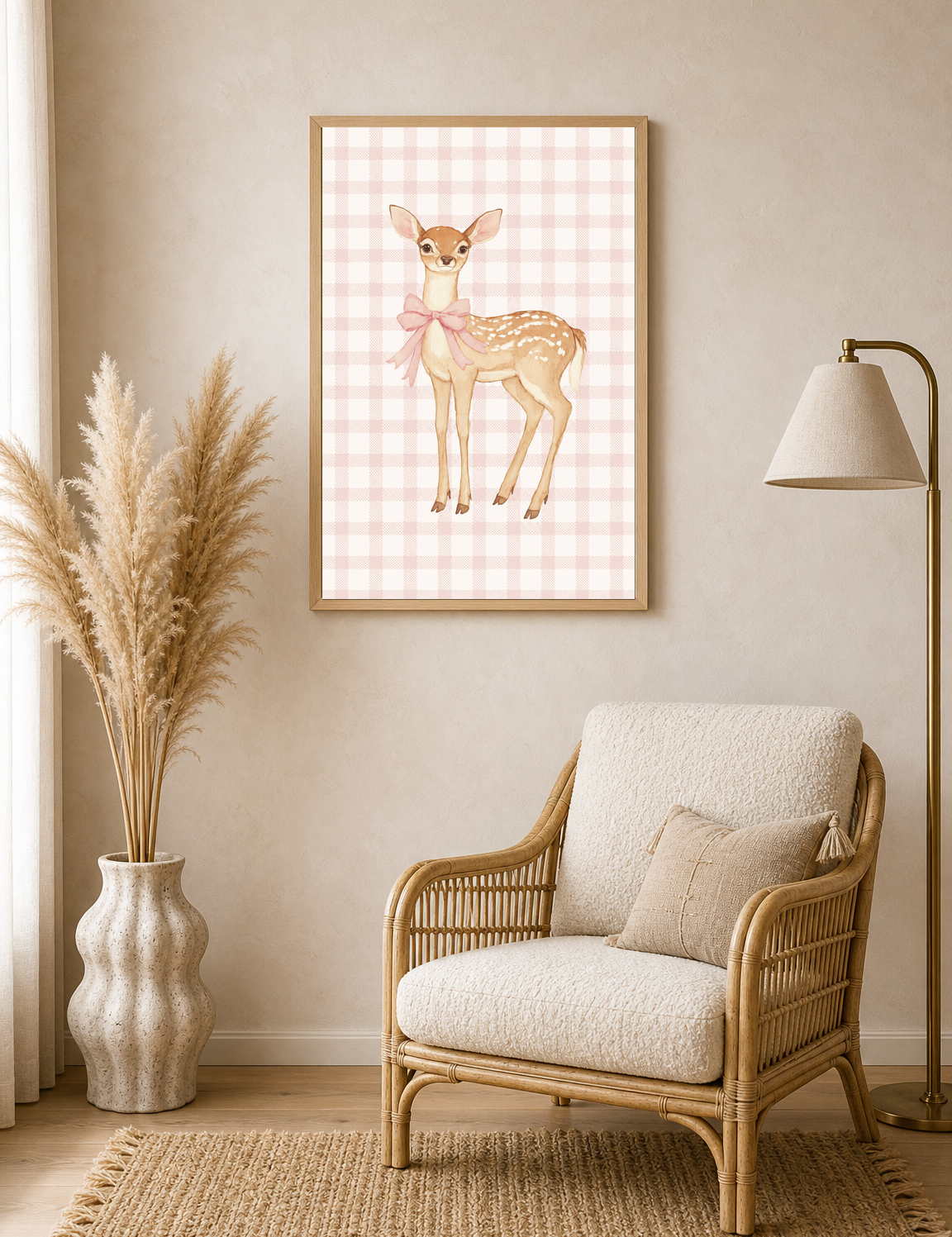 Pink Gingham Baby Deer Wall Art Print - wood framed poster