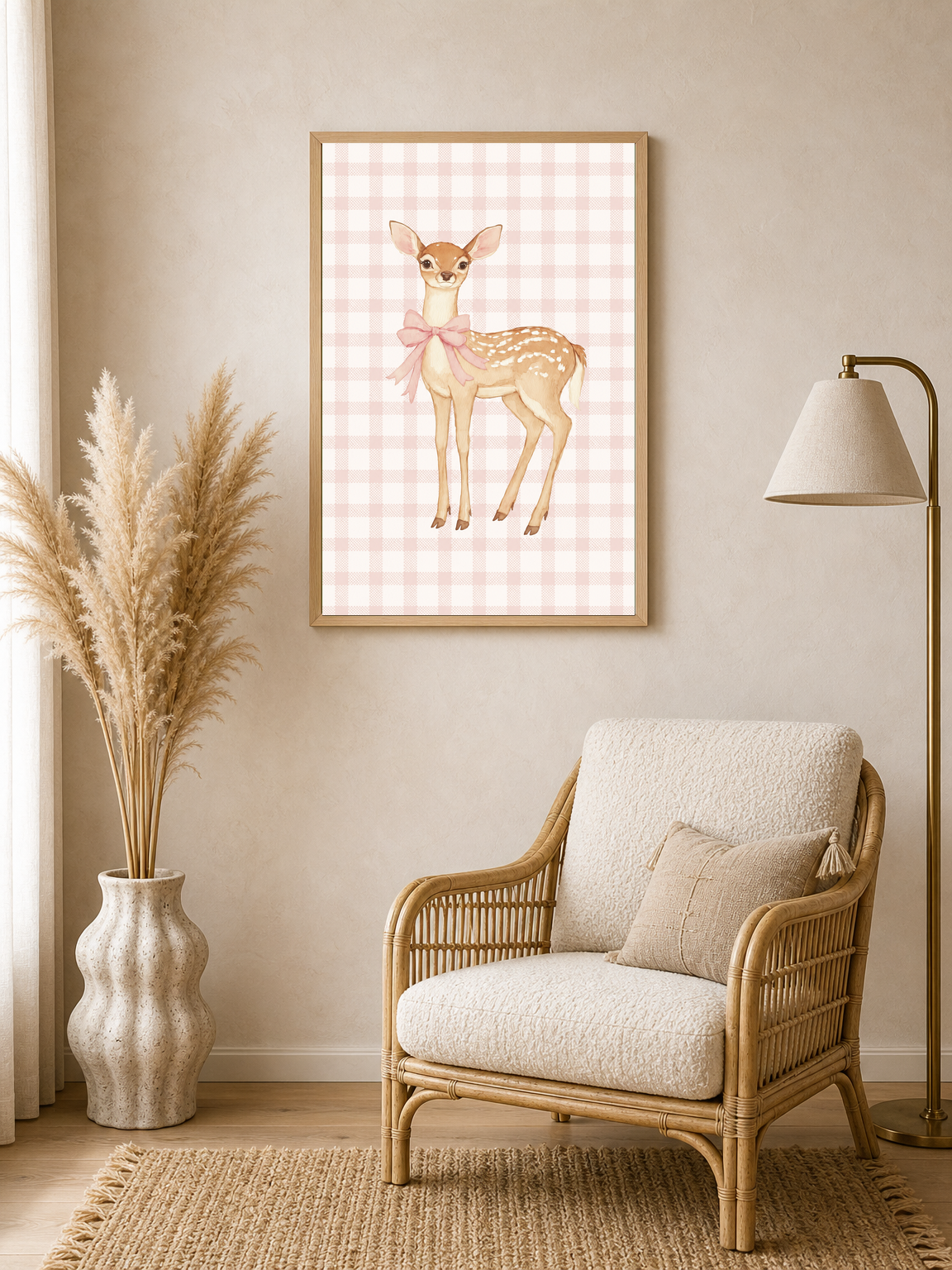 Pink Gingham Baby Deer Wall Art Print - wood framed poster
