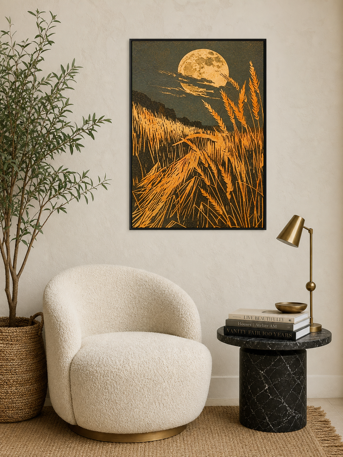 Harvest Moon Wheat Field Wall Art Print - black framed