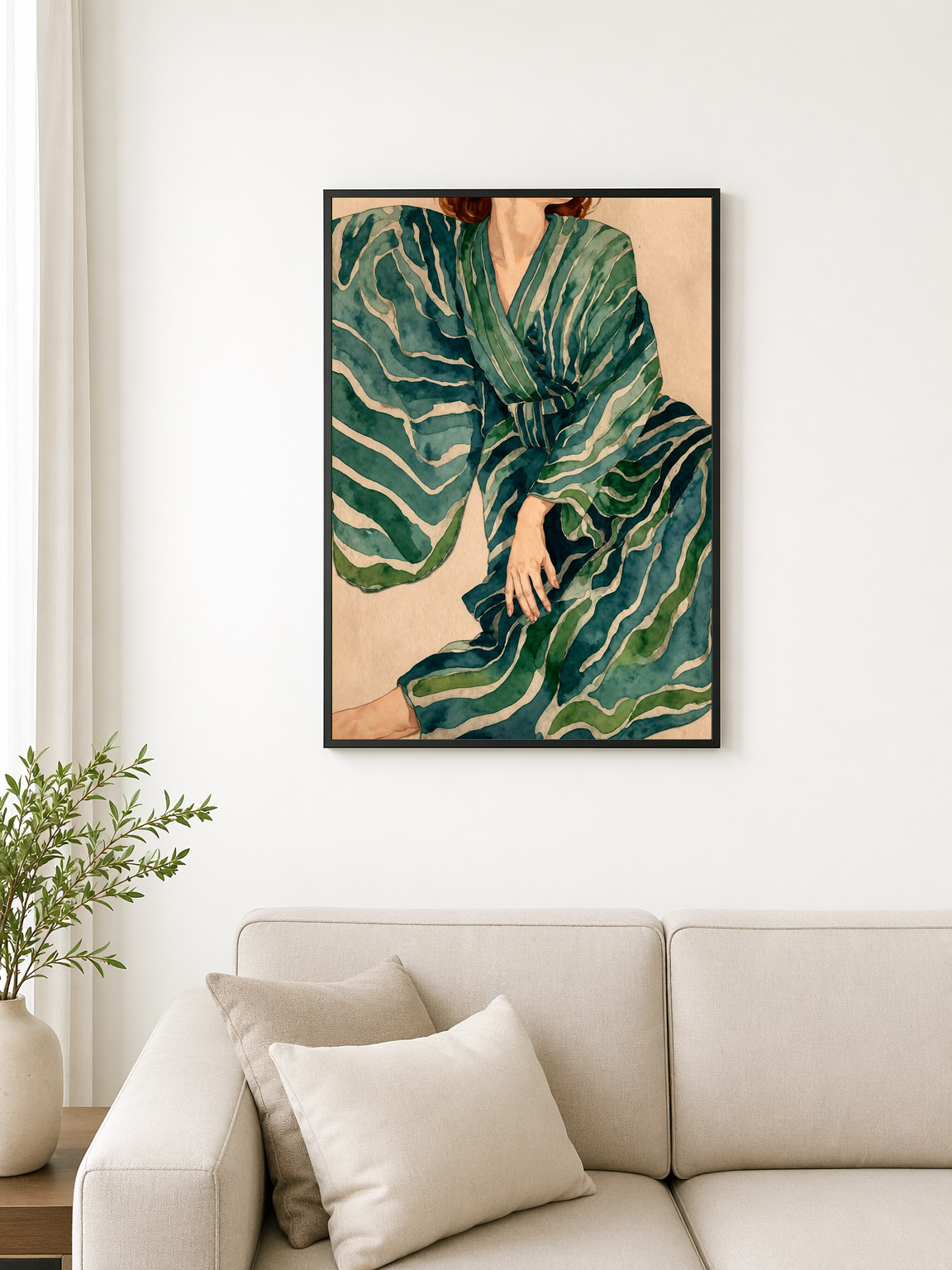 Green Striped Kimono Wall Art Print - black framed