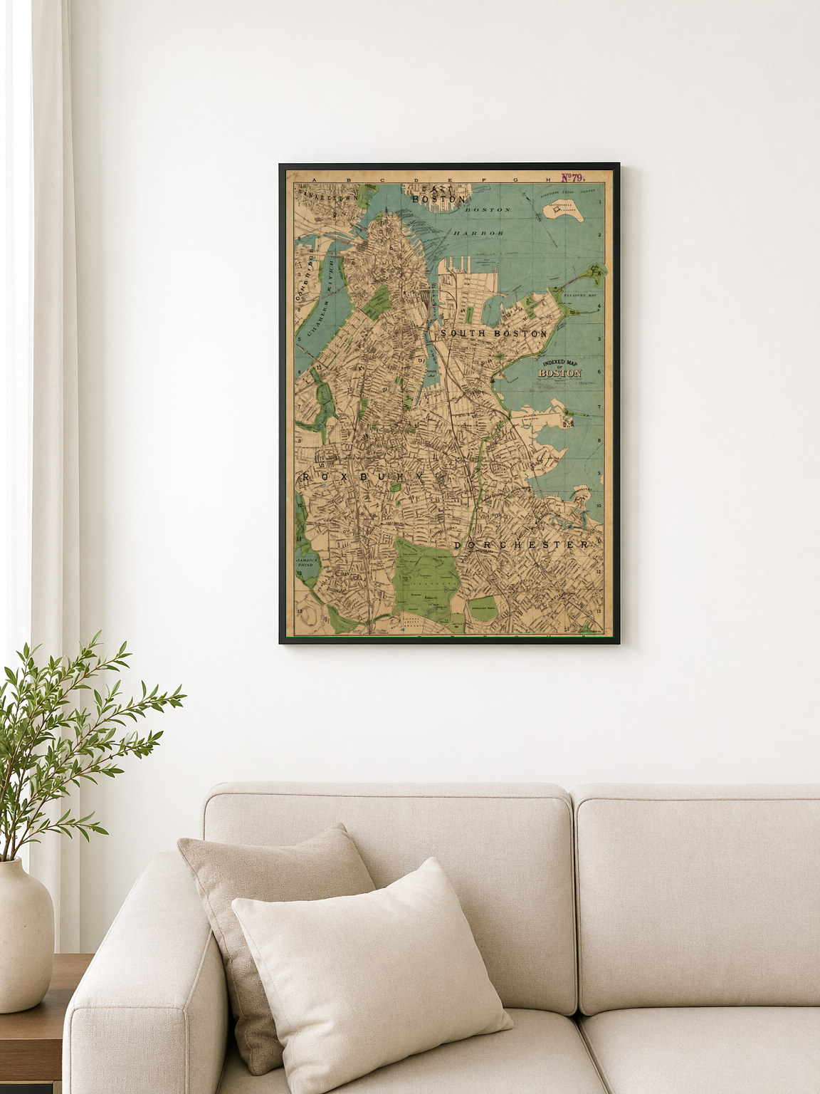 Vintage Boston City Map Wall Art Print - black framed