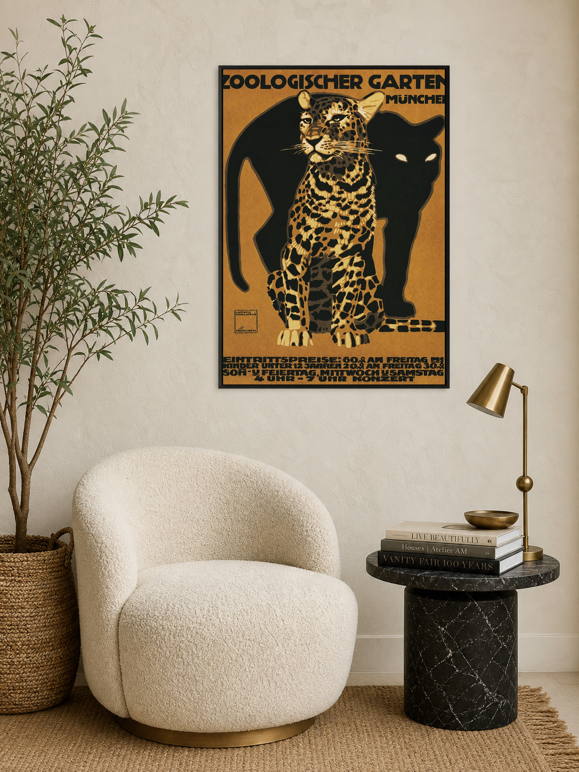 Vintage Zoologischer Garten Leopard Wall Art Print - black framed