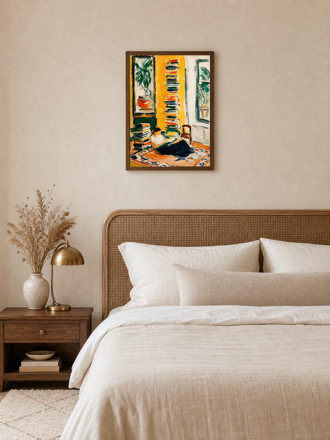 Cozy Reading Corner Wall Art Print - dark wood framed